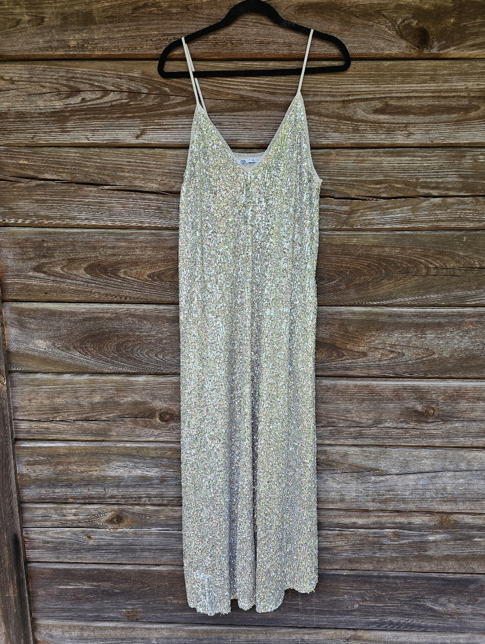 Zara Sequin Midi Dress Slip Gold Champagne Sparkle Party Evening Size L
